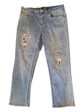 Joseph Ribkoff Distressed Sequins Pearls Faded Medium Wash Blue Women’s Jeans 14